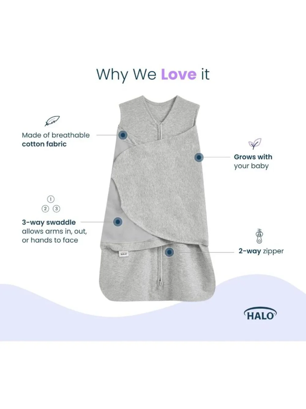 Cozy 100% Cotton Sleepsack Swaddle Blanket, 3-Way Adjustable, TOG 1.5, Grey
